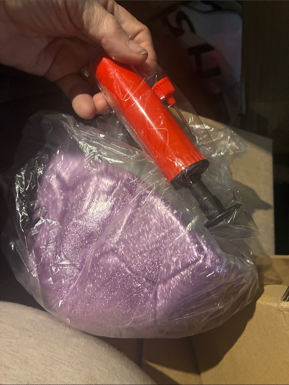 Purple glitter soccer ball with Red Hand Pump